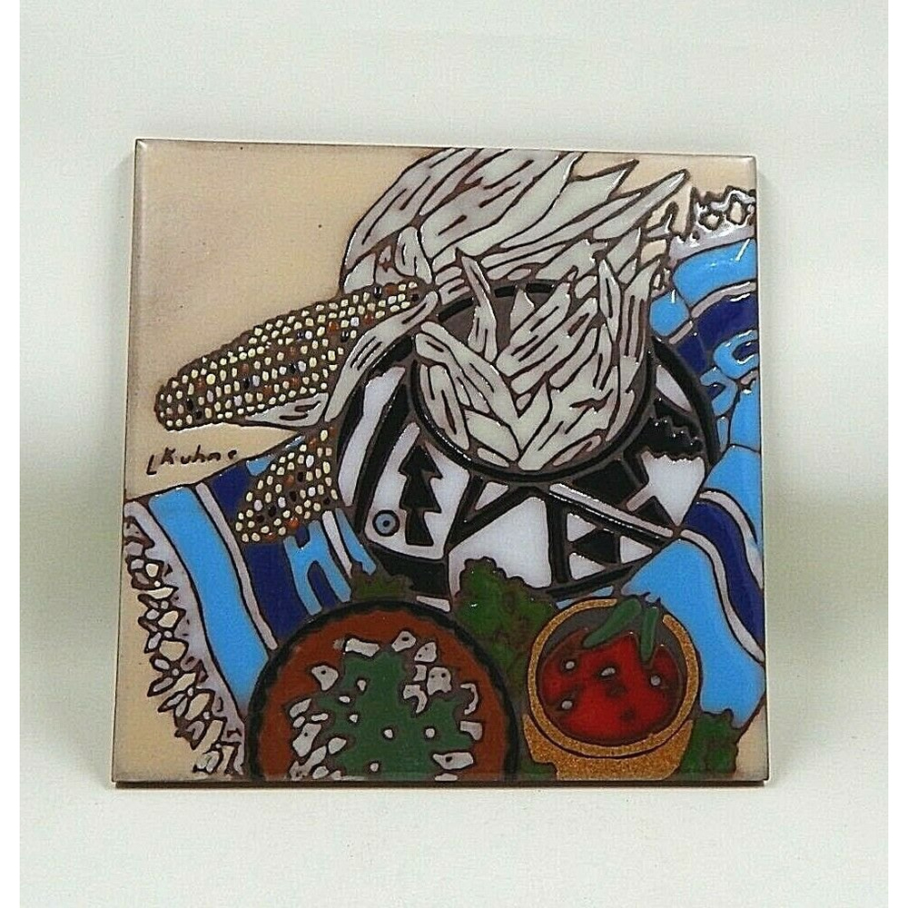 Earthtones Tile Trivet Harvest Corn Chilis Leone Kuhne 1990 Ceramic Signed